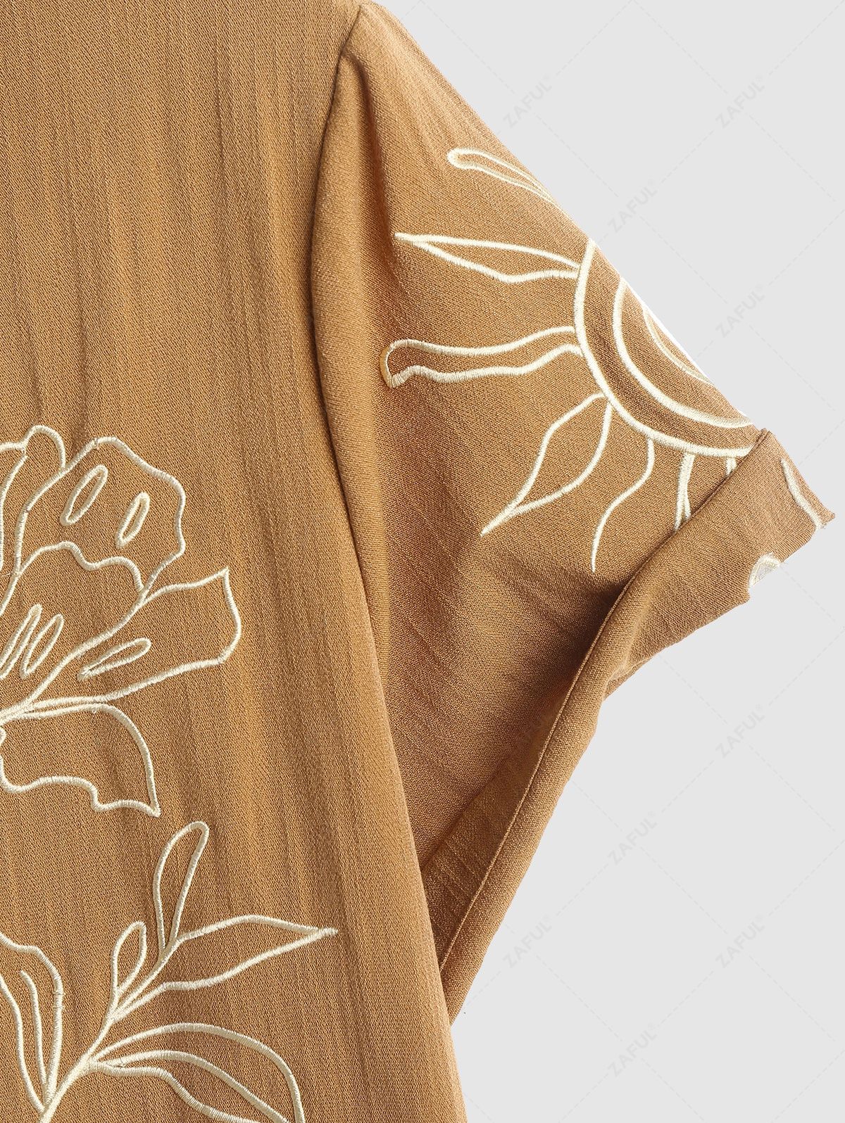 ZAFUL Men\'s Flower Plant Abstract Embroidery Lapel Collar Short Sleeves Vacation Shirt COFFEE - PURECLO