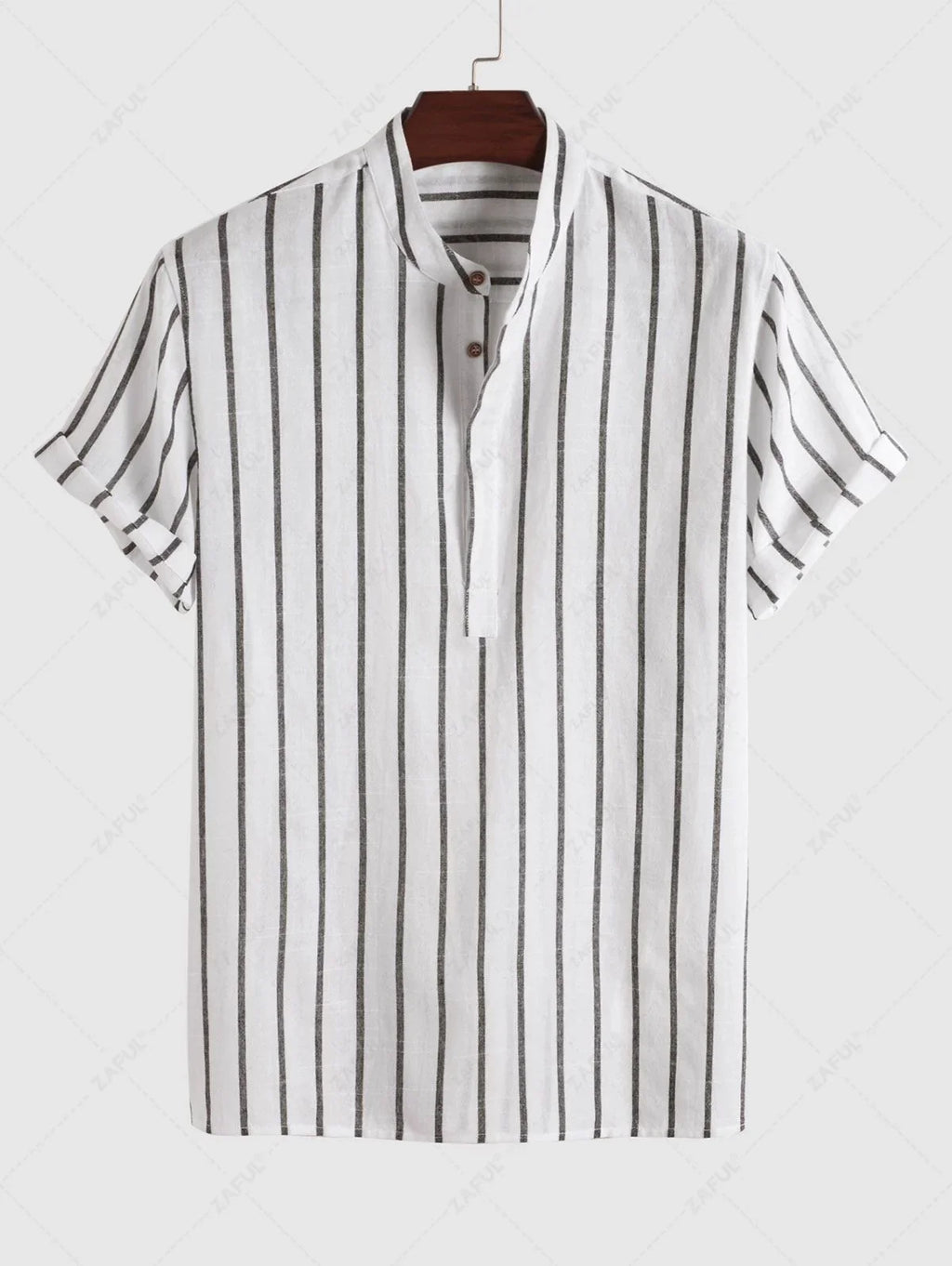 Men\'s Half Buttoned Casual Vertical Striped Office Pullover Shirt and Basic Casual Shorts Set BLUE WHITE - PURECLO