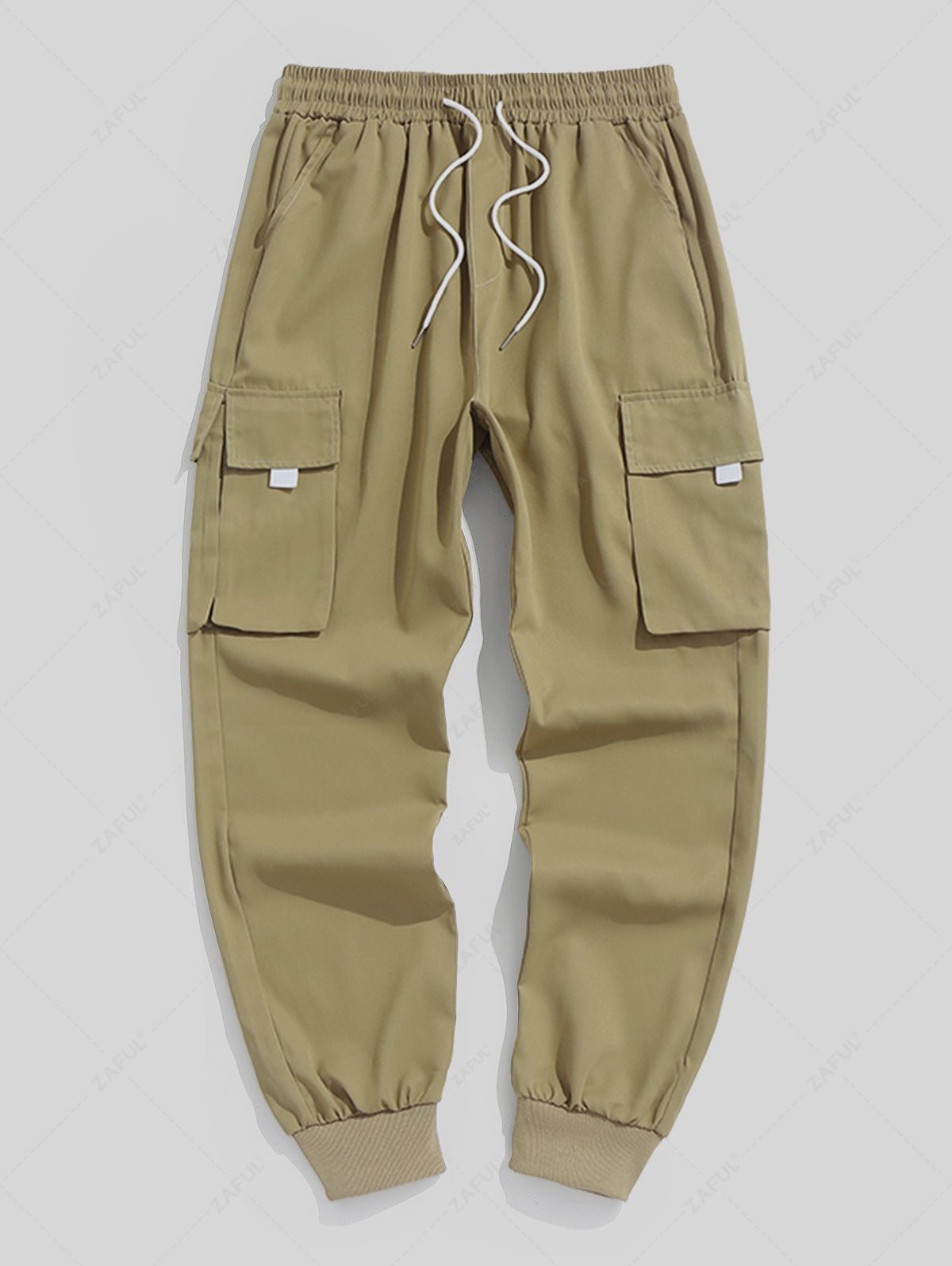 Men\'s Flap Pocket Drawstring Elastic Waist Streetwear Casual Techwear Jogger Cargo Pants LIGHT COFFEE DEEP BLUE LIGHT BLUE COFFEE - PURECLO