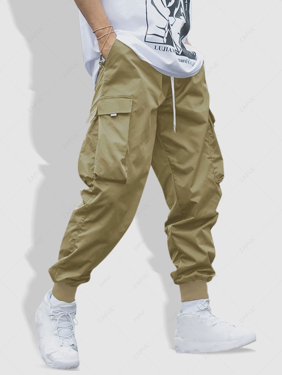Men\'s Flap Pocket Drawstring Elastic Waist Streetwear Casual Techwear Jogger Cargo Pants LIGHT COFFEE DEEP BLUE LIGHT BLUE COFFEE - PURECLO