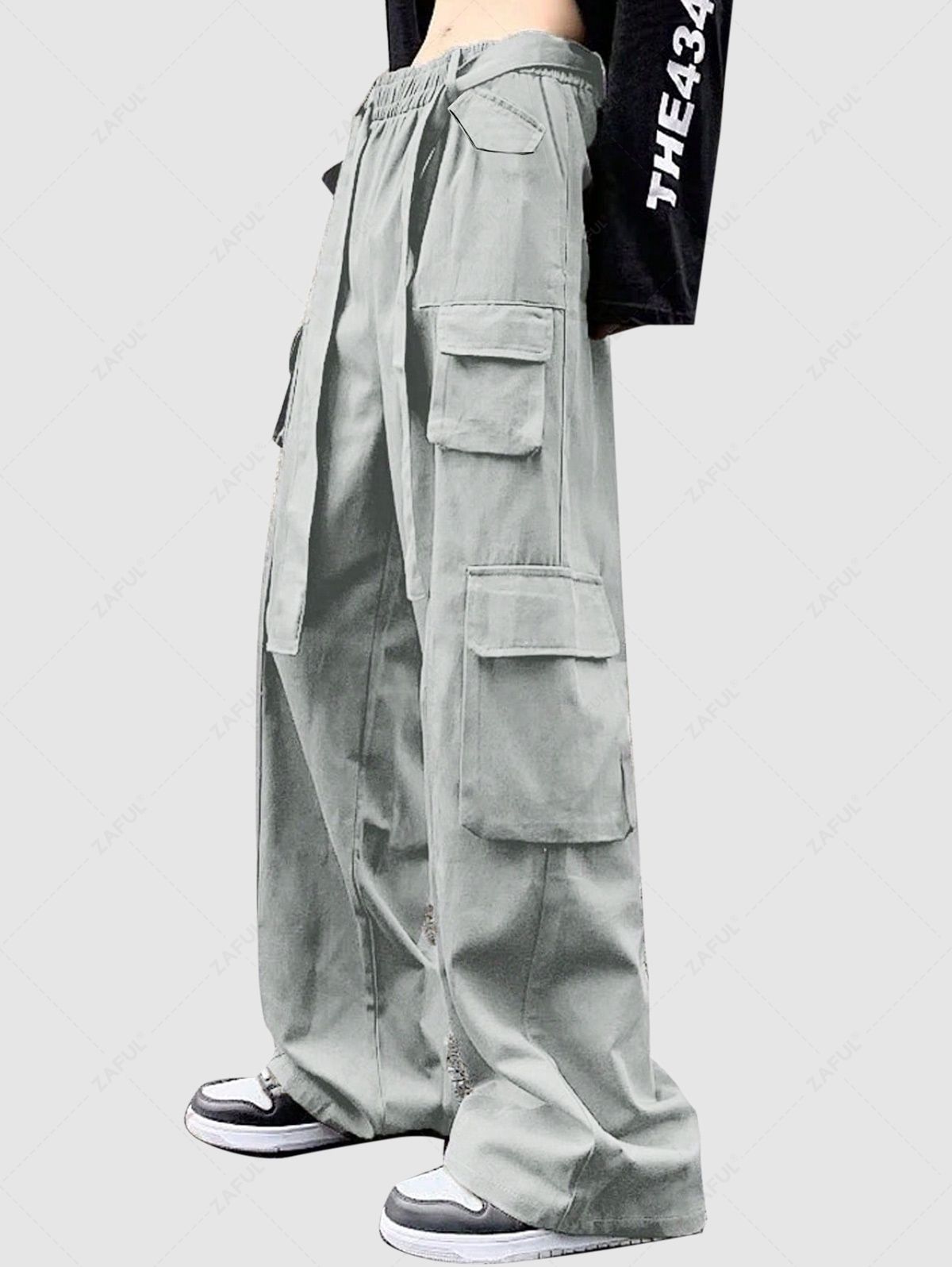 ZAFUL Solid Color Belted Straight Leg Cargo Pants LIGHT GRAY - PURECLO