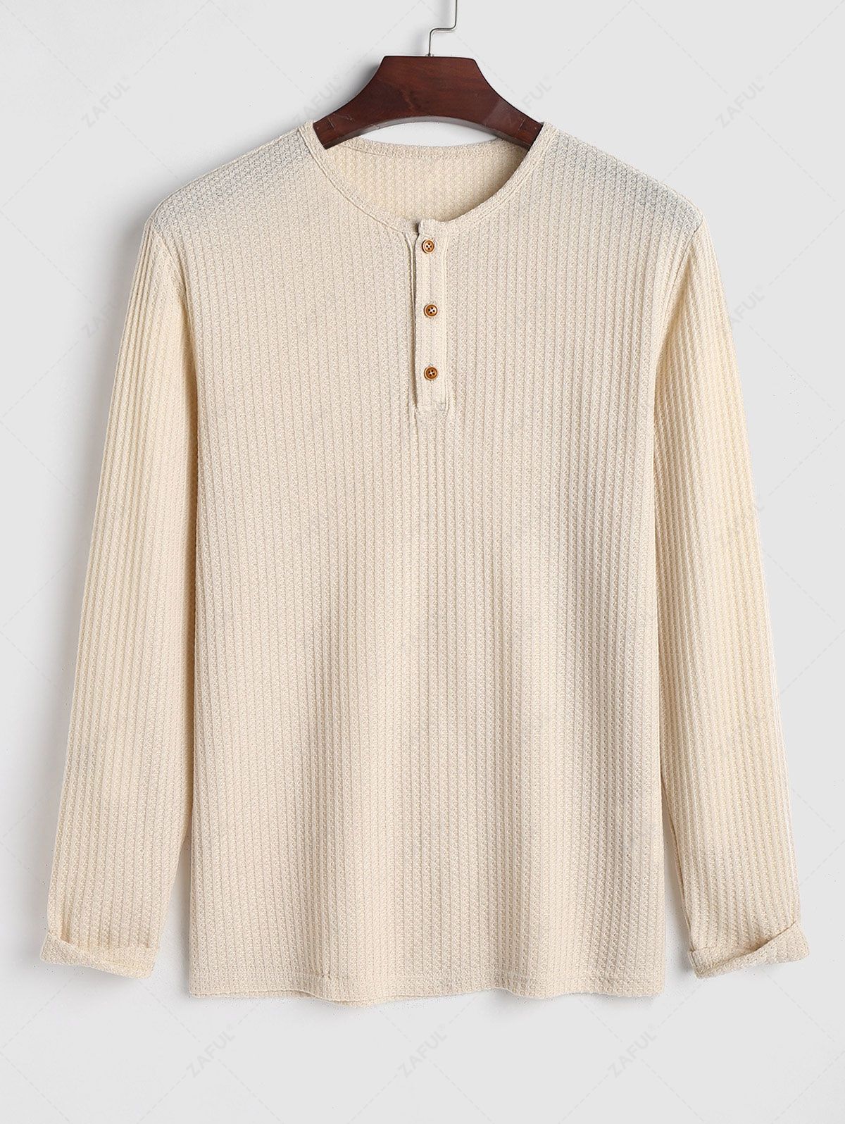 ZAFUL Men\'s Daily Casual Button Placket Solid Color Round Neck Knitted Long Sleeve Henley T Shirt LIGHT COFFEE - PURECLO
