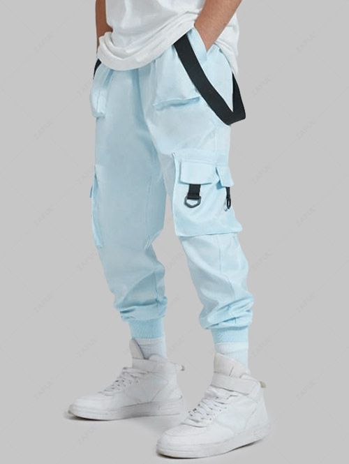 Strap Design Beam Feet Cargo Pants DEEP SKY BLUE COFFEE BLACK - PURECLO