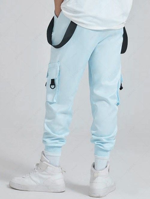Strap Design Beam Feet Cargo Pants DEEP SKY BLUE COFFEE BLACK - PURECLO