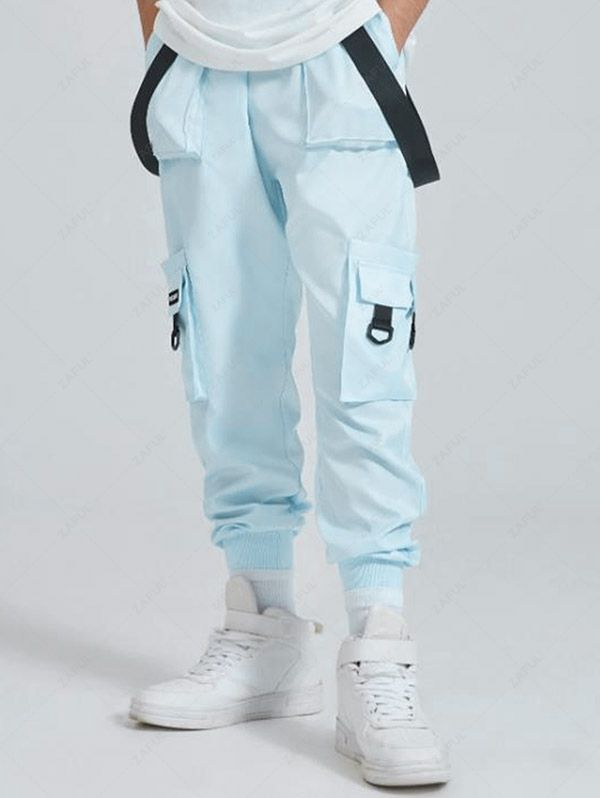 Strap Design Beam Feet Cargo Pants DEEP SKY BLUE COFFEE BLACK - PURECLO