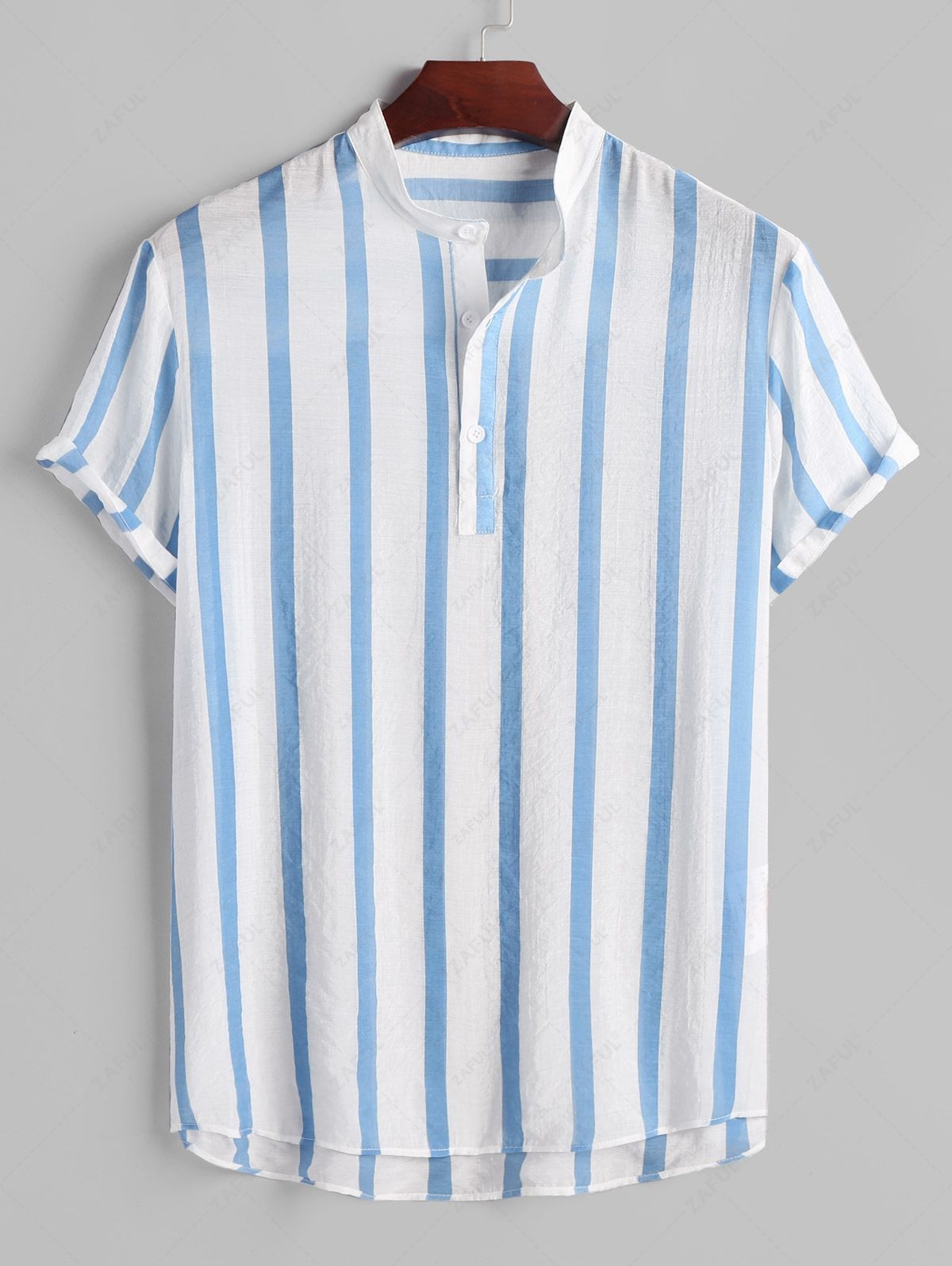 ZAFUL Vertical Striped Button Placket Stand Collar Popover Shirt LIGHT BLUE - PURECLO
