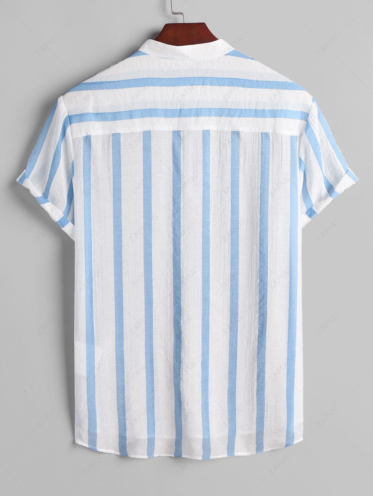 ZAFUL Vertical Striped Button Placket Stand Collar Popover Shirt LIGHT BLUE - PURECLO