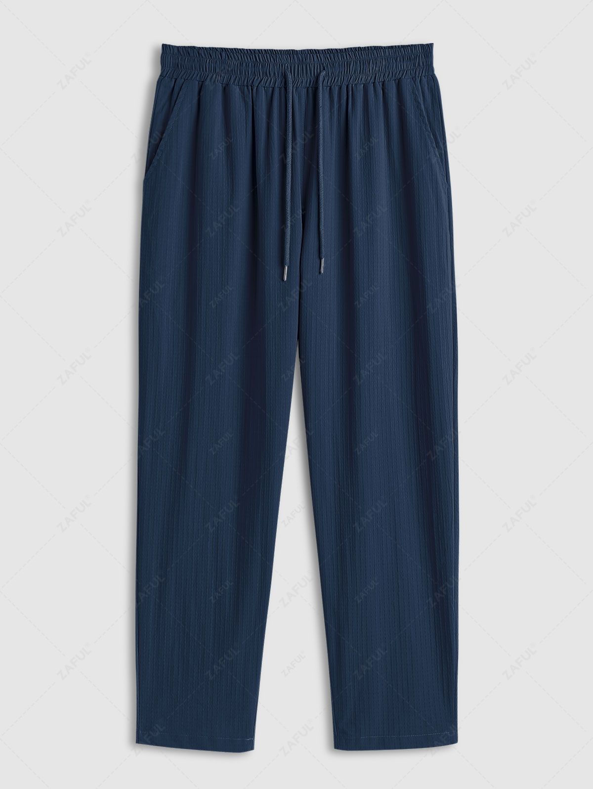 ZAFUL Men\'s Casual Plain Color Jacquard Weave Textured Drawstring Pants DEEP BLUE - PURECLO