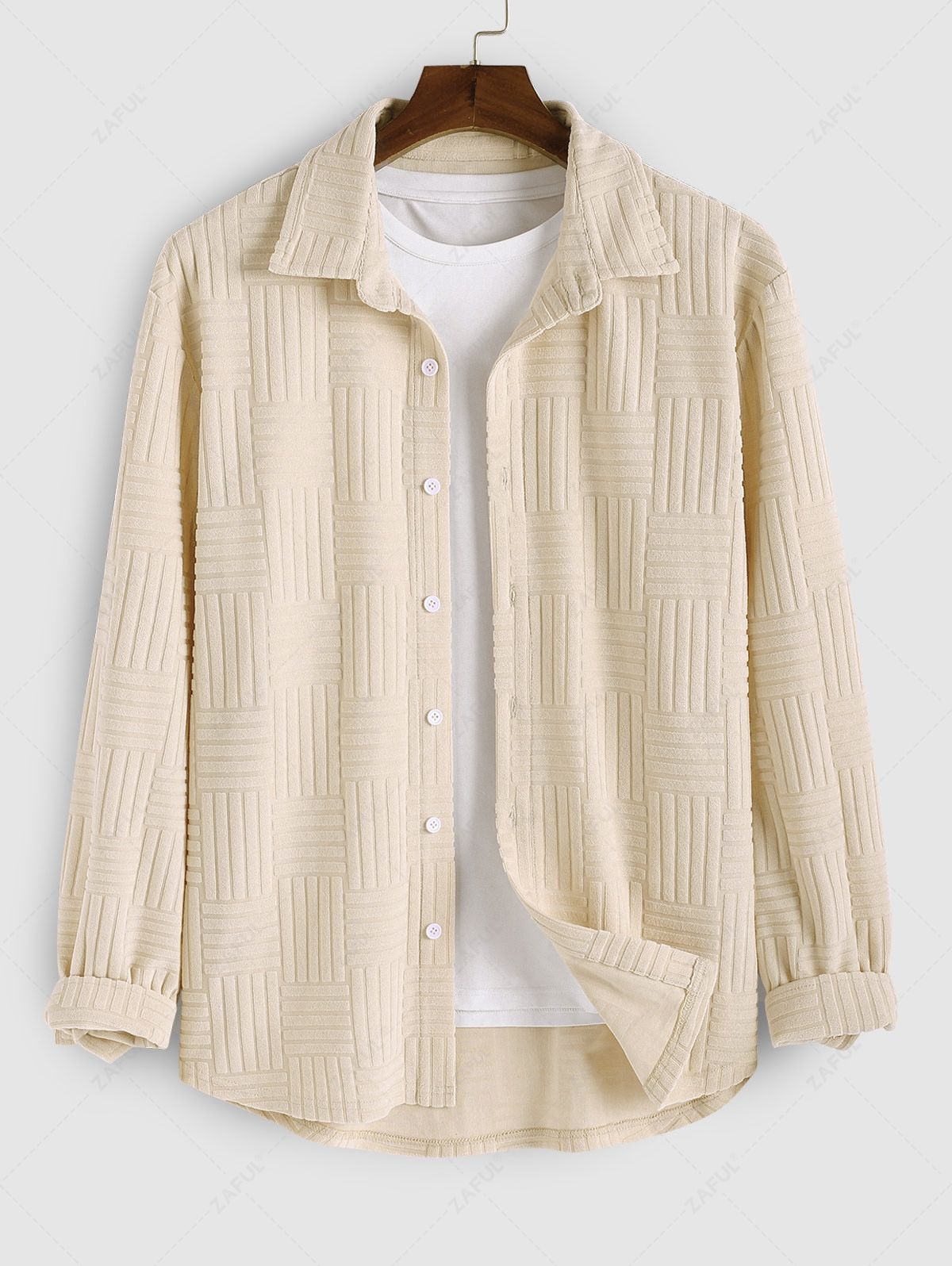 ZAFUL Men\'s Solid Color Casual Terry Cloth Toweling Jacquard Textured Button Up Long Sleeve Shirt LIGHT COFFEE - PURECLO