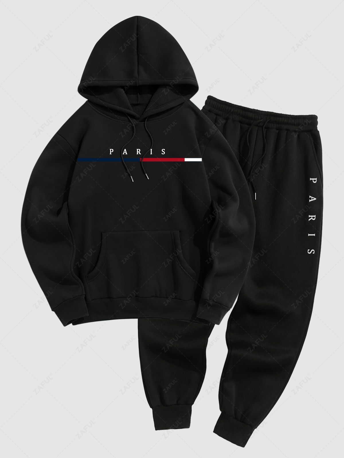Men\'s PARIS Letter Pattern Fuzzy Fleece-lined Kangaroo Pocket Design Pullover Hoodie and Drawstring Jogger Sweat Pants Set BLACK RED WHITE LIGHT BLUE DEEP GREEN LIGHT COFFEE - PURECLO