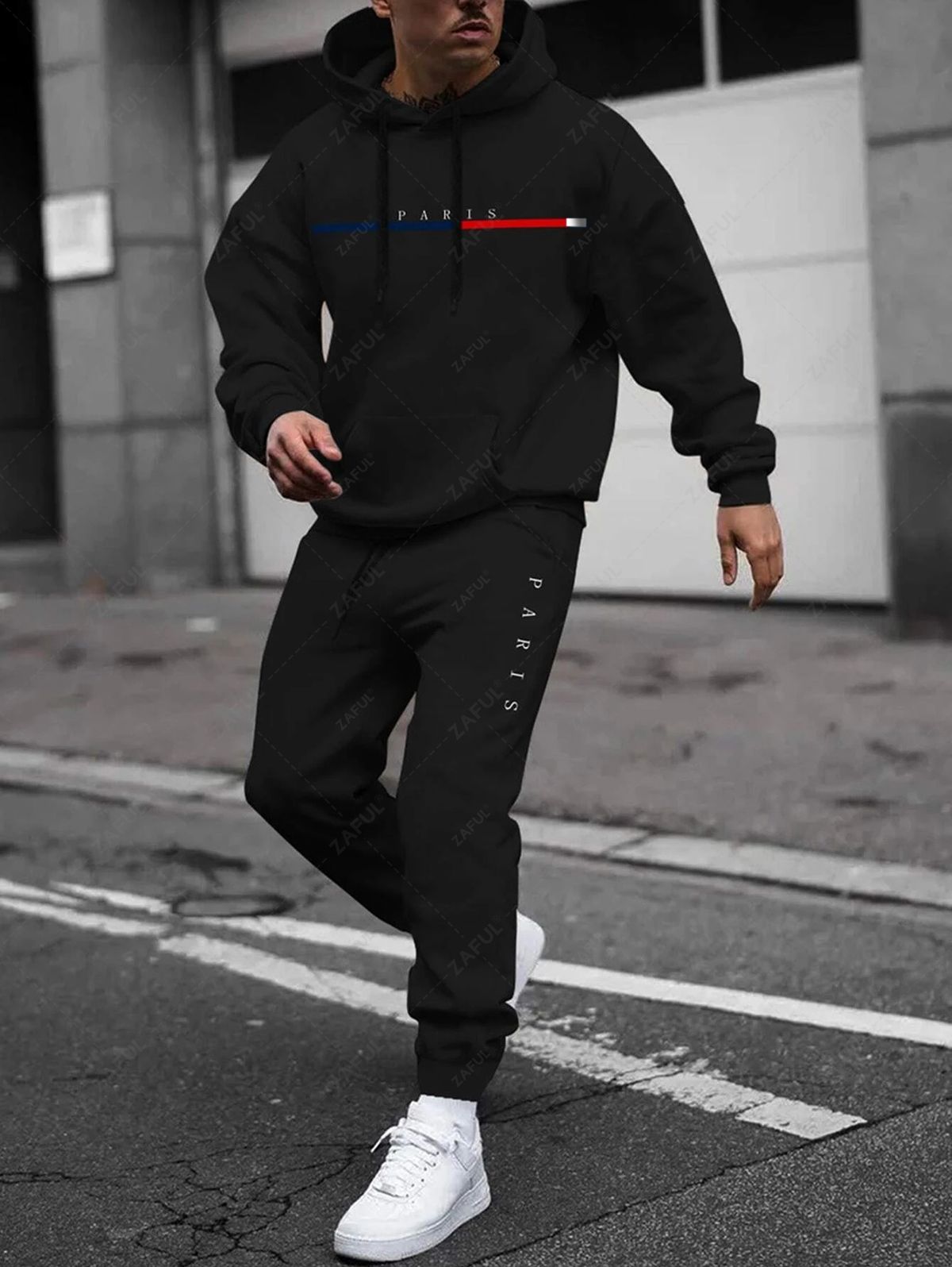 Men\'s PARIS Letter Pattern Fuzzy Fleece-lined Kangaroo Pocket Design Pullover Hoodie and Drawstring Jogger Sweat Pants Set BLACK RED WHITE LIGHT BLUE DEEP GREEN LIGHT COFFEE - PURECLO