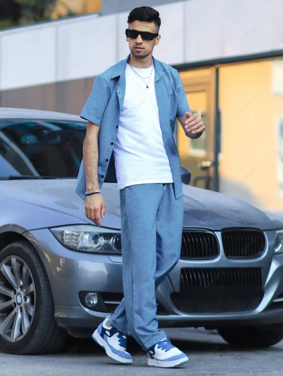 ZAFUL Men\'s Marled Short Sleeves Button Front Shirt and Drawstring Pants Set BLUE DEEP GREEN - PURECLO