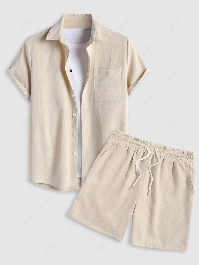 Men\'s 2 Piece Outfits Casual Basic Solid Color Pocket Corduroy Short Sleeves Button Up Shirt and Drawstring Shorts Set LIGHT COFFEE LIGHT GREEN DEEP BLUE LIGHT BLUE DARK ORANGE - PURECLO