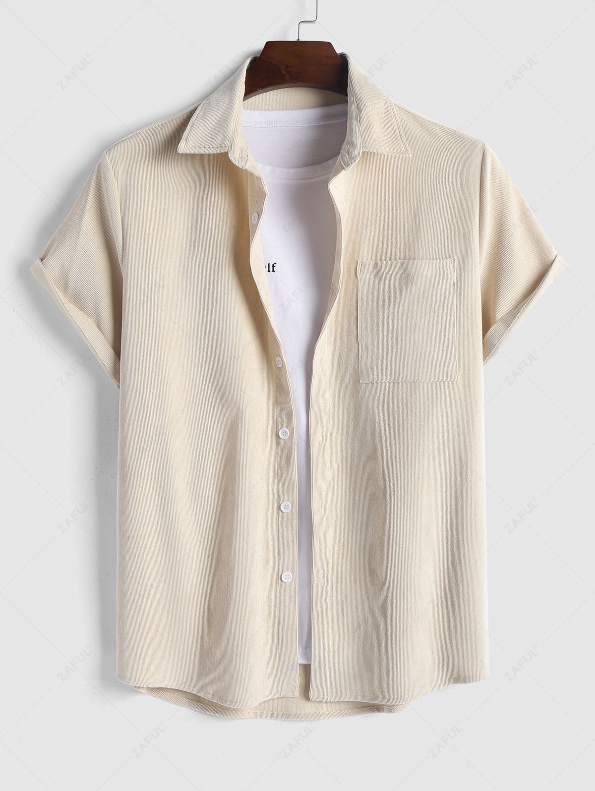Men\'s 2 Piece Outfits Casual Basic Solid Color Pocket Corduroy Short Sleeves Button Up Shirt and Drawstring Shorts Set LIGHT COFFEE LIGHT GREEN DEEP BLUE LIGHT BLUE DARK ORANGE - PURECLO