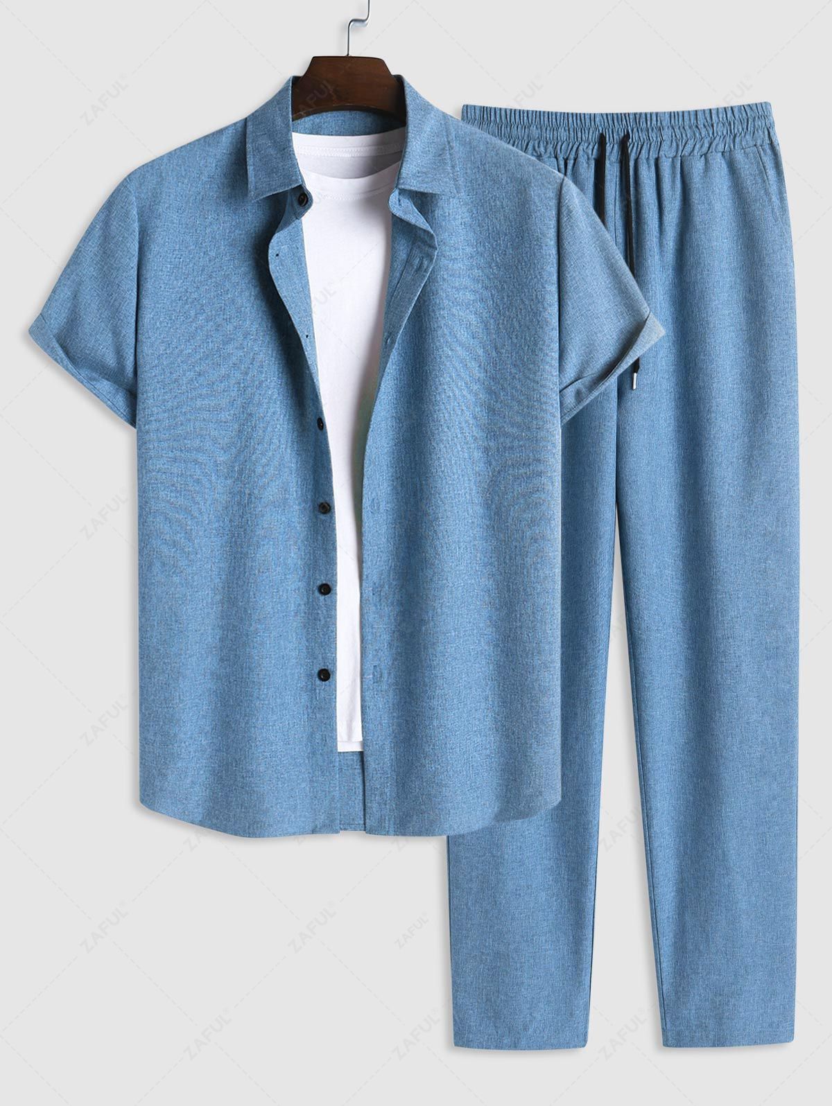 ZAFUL Men\'s Marled Short Sleeves Button Front Shirt and Drawstring Pants Set BLUE DEEP GREEN - PURECLO