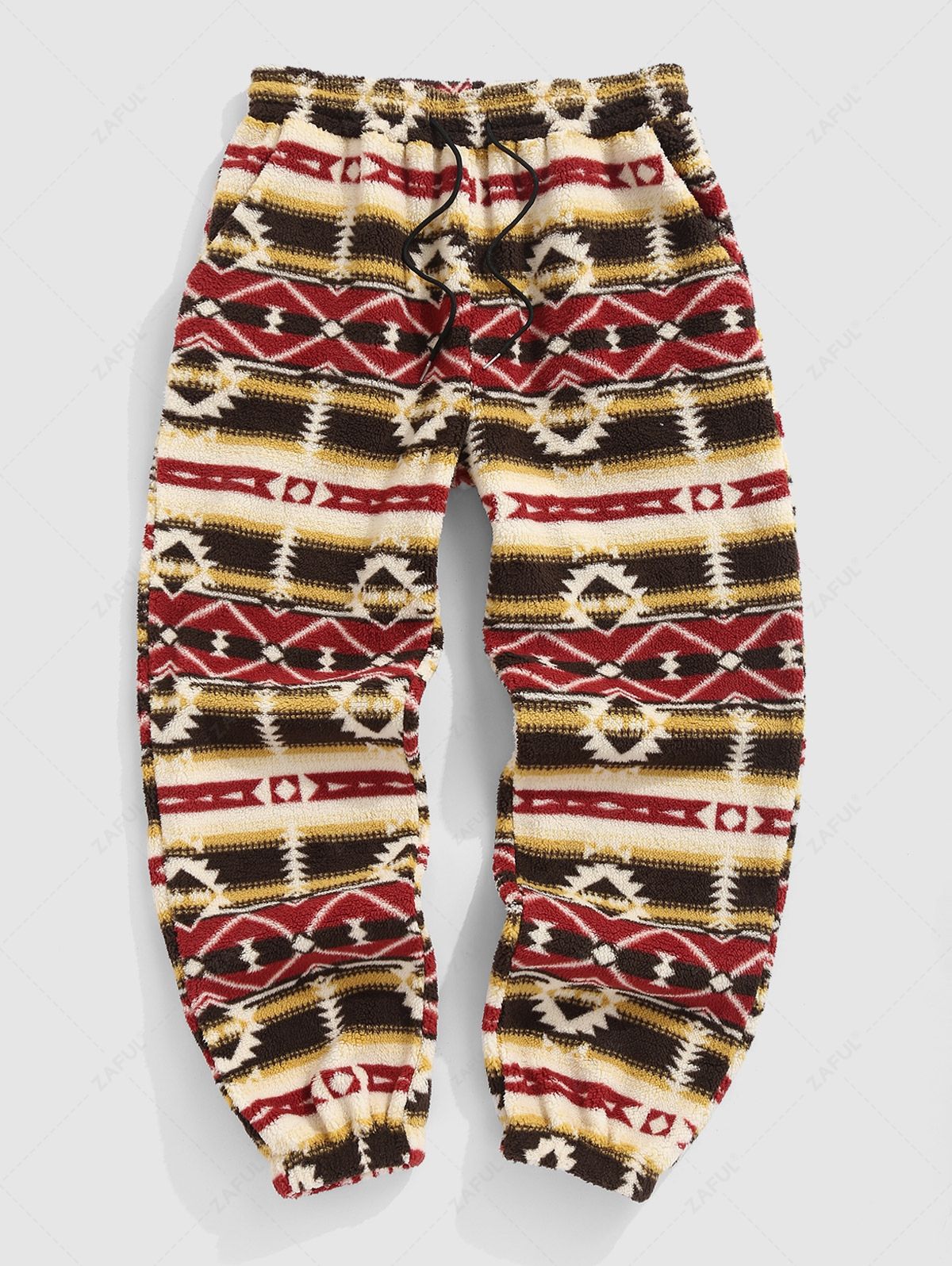 ZAFUL Men\'s Ethnic Aztec Geometric Printed Fuzzy Fleece Drawstring Beam Feet Casual Pants MULTI-A - PURECLO