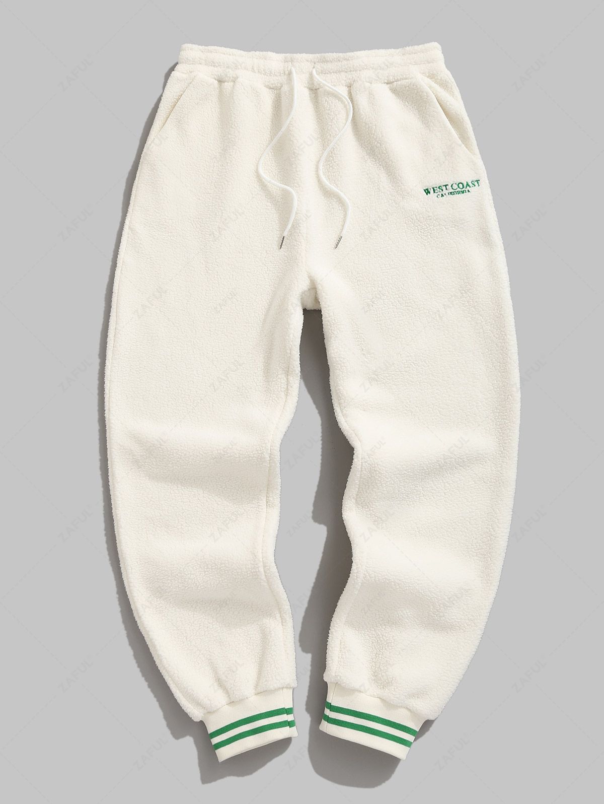 Men\'s WEST COAST CALIFORNIA Letter Embroidered Fluffy Teddy Fleece Ribbed Beam Feet Casual Drawstring Pants WHITE - PURECLO
