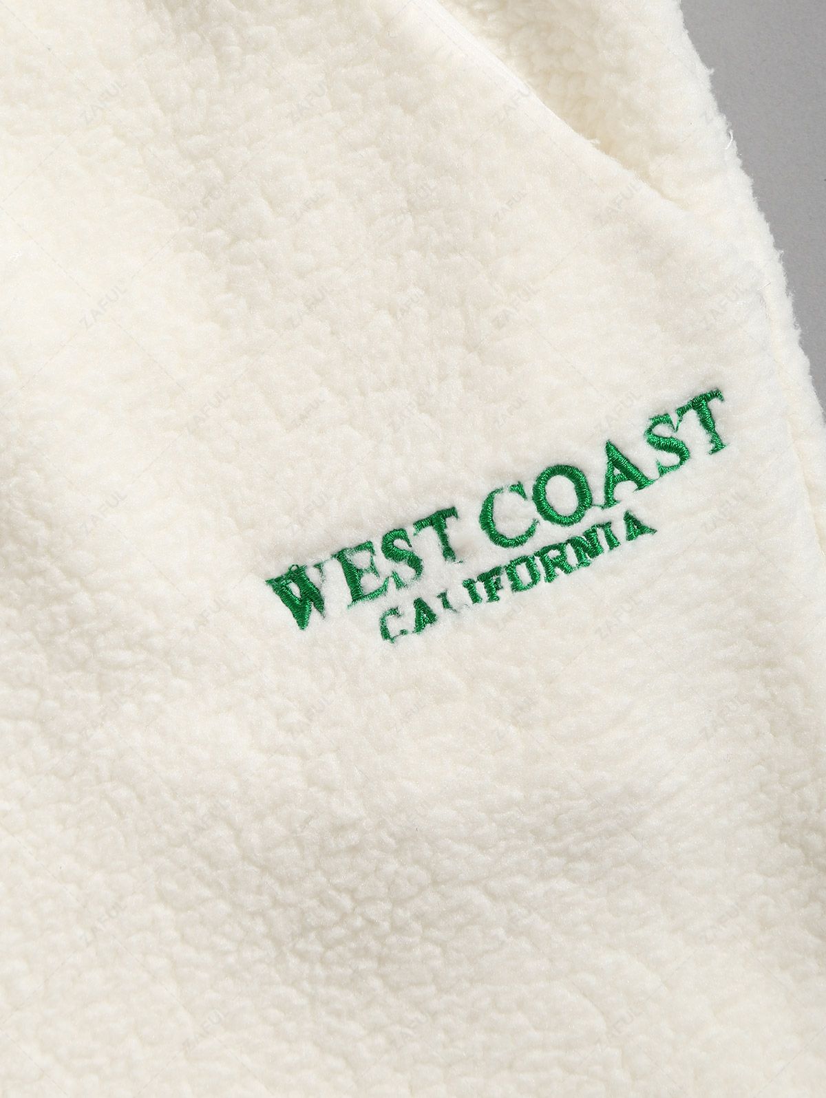 Men\'s WEST COAST CALIFORNIA Letter Embroidered Fluffy Teddy Fleece Ribbed Beam Feet Casual Drawstring Pants WHITE - PURECLO