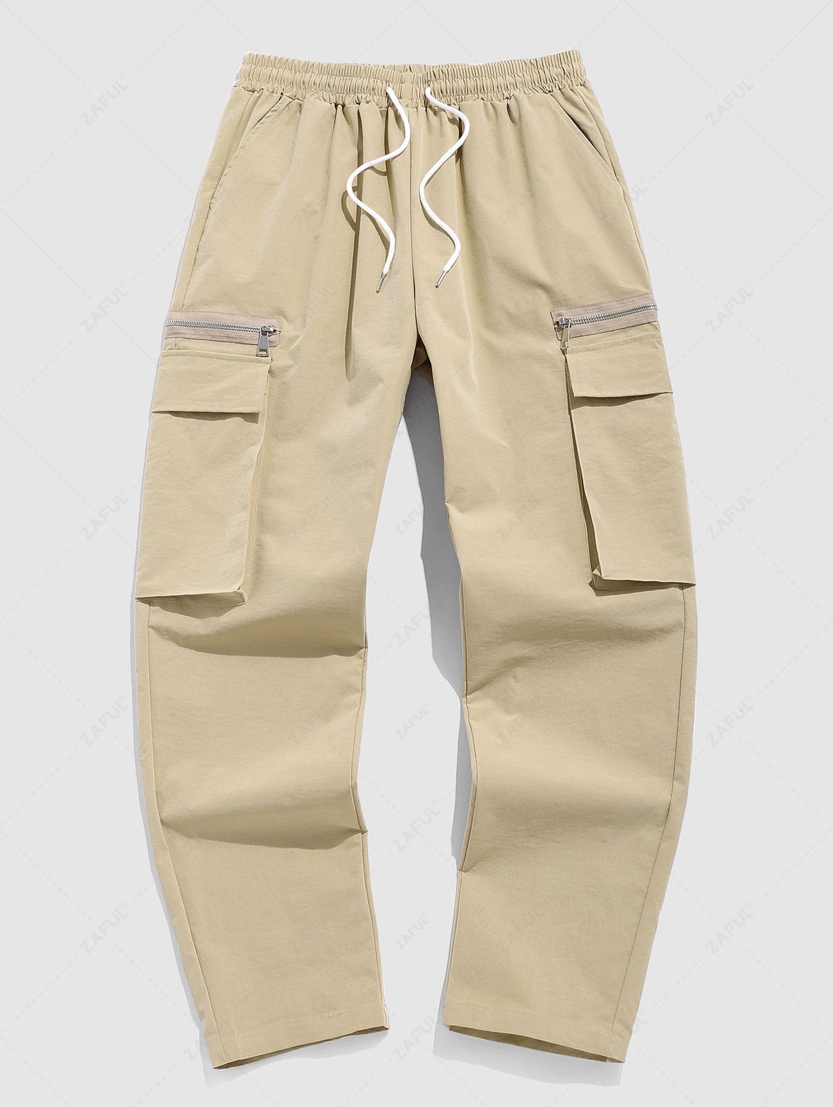 ZAFUL Men\'s Side Zip and Large Pockets Design Solid Color Straight Leg Drawstring Cargo Pants COFFEE - PURECLO