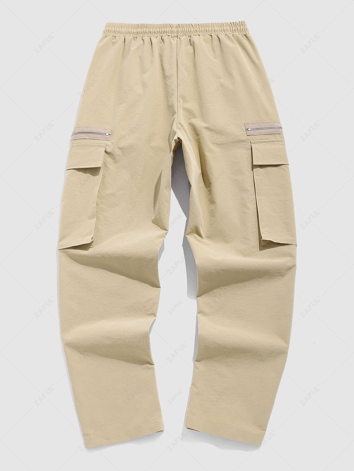 ZAFUL Men\'s Side Zip and Large Pockets Design Solid Color Straight Leg Drawstring Cargo Pants COFFEE - PURECLO