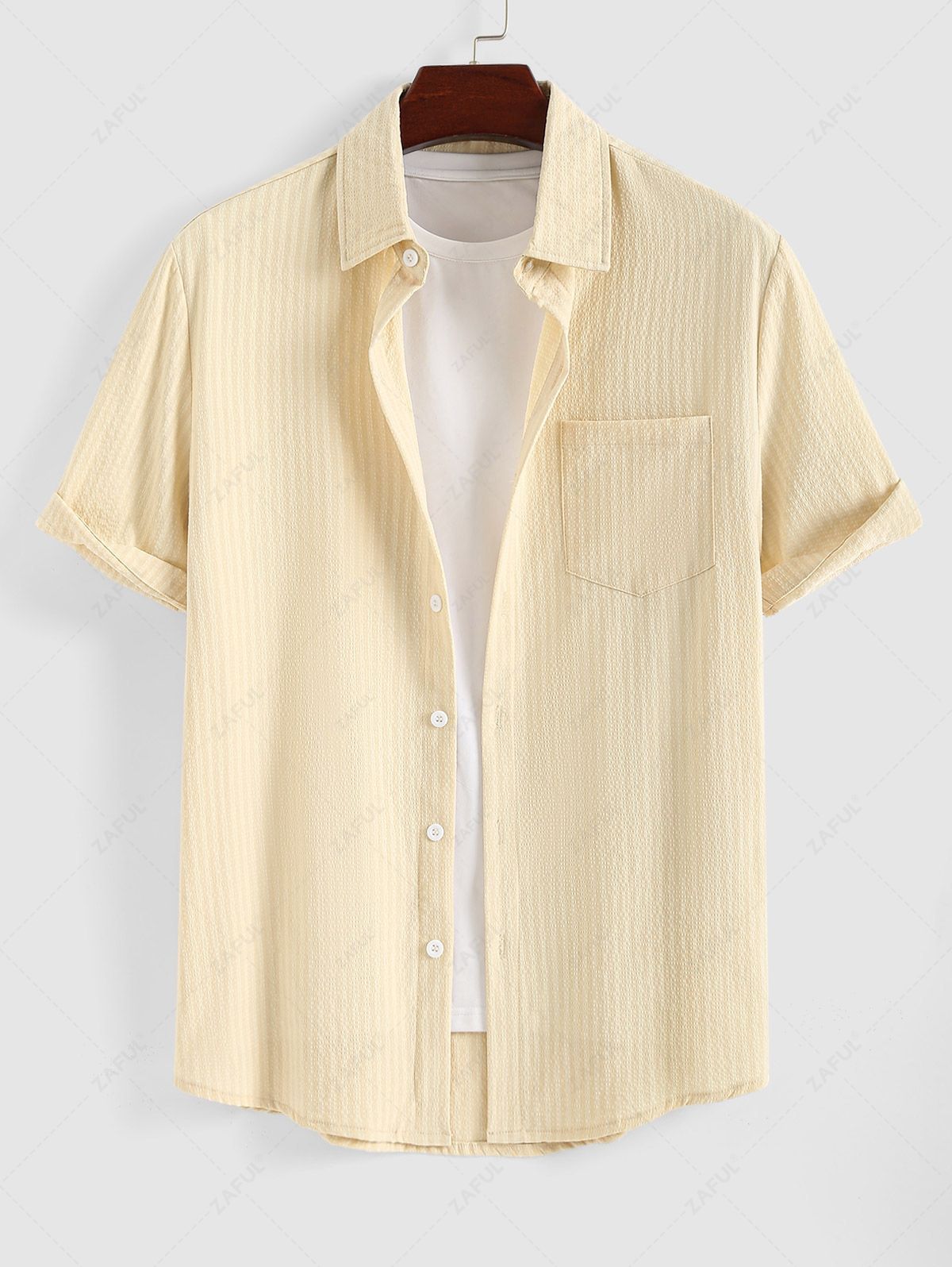 ZAFUL Men\'s Stripes Textured Front Pocket Button Up Short Sleeves Shirt LIGHT COFFEE - PURECLO