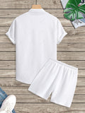 Men\'s Matching Two Piece Co Ord Solid Color Textured Button Up Short Sleeves Shirt and Drawstring Casual Shorts Set LIGHT BLUE WHITE - PURECLO