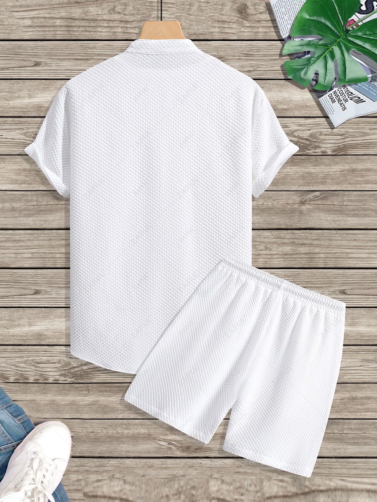 Men\'s Matching Two Piece Co Ord Solid Color Textured Button Up Short Sleeves Shirt and Drawstring Casual Shorts Set LIGHT BLUE WHITE - PURECLO