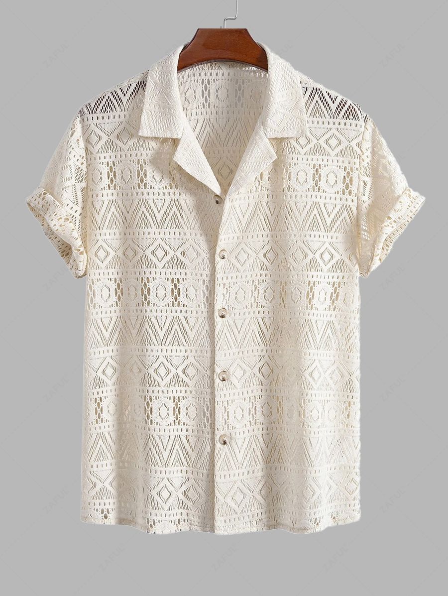 ZAFUL Men\'s Camp Collar Geometric Pointelle Knit Openwork Short Sleeves Shirt CHAMPAGNE - PURECLO