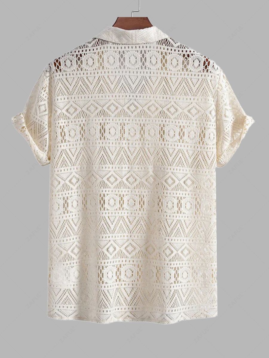 ZAFUL Men\'s Camp Collar Geometric Pointelle Knit Openwork Short Sleeves Shirt CHAMPAGNE - PURECLO