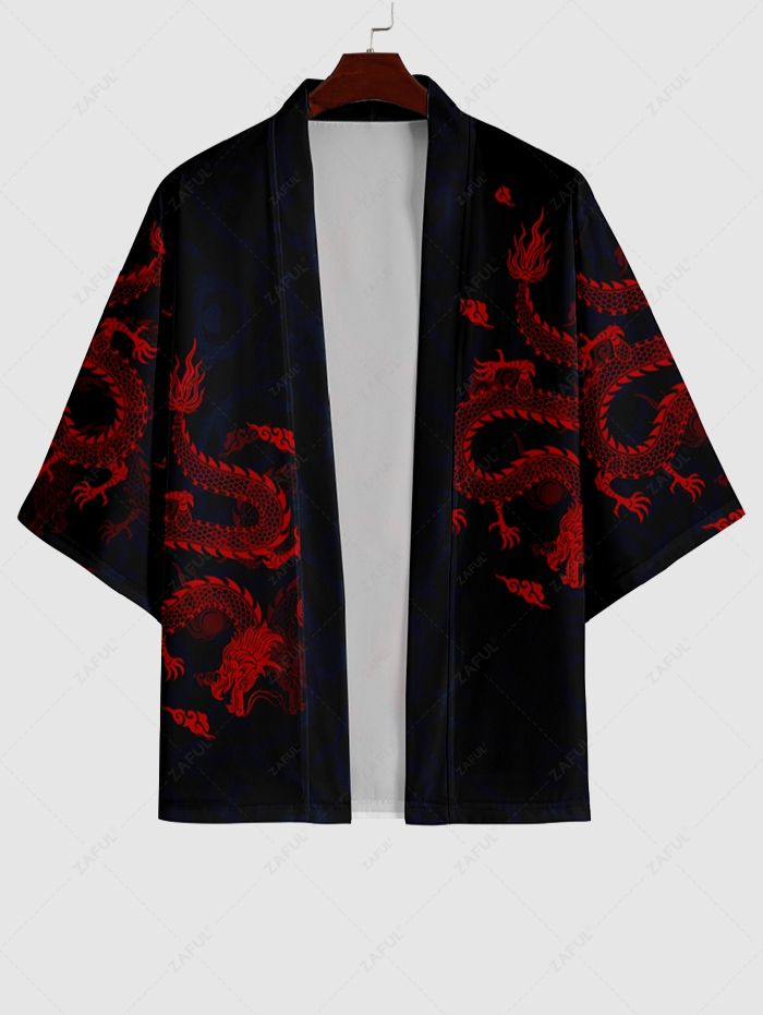 Men\'s Matching Oriental Dragon Print Open Front Kimono and Drawstring Beach Vacation Shorts Set BLACK DARK SLATE GREY - PURECLO