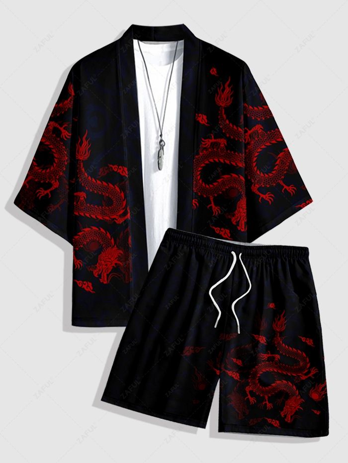 Men\'s Matching Oriental Dragon Print Open Front Kimono and Drawstring Beach Vacation Shorts Set BLACK DARK SLATE GREY - PURECLO