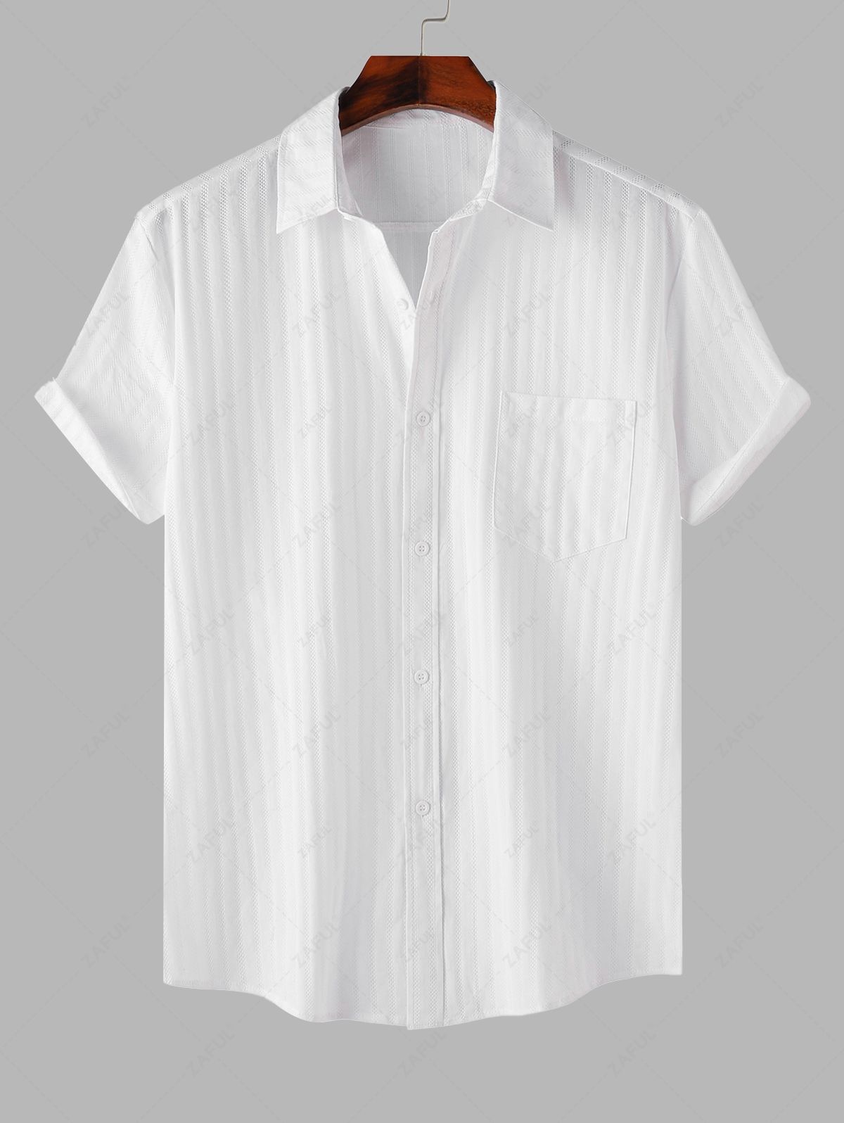 Men\'s Shadow Stripes Textured Front Pocket Design Button Up Short Sleeves Shirt WHITE - PURECLO