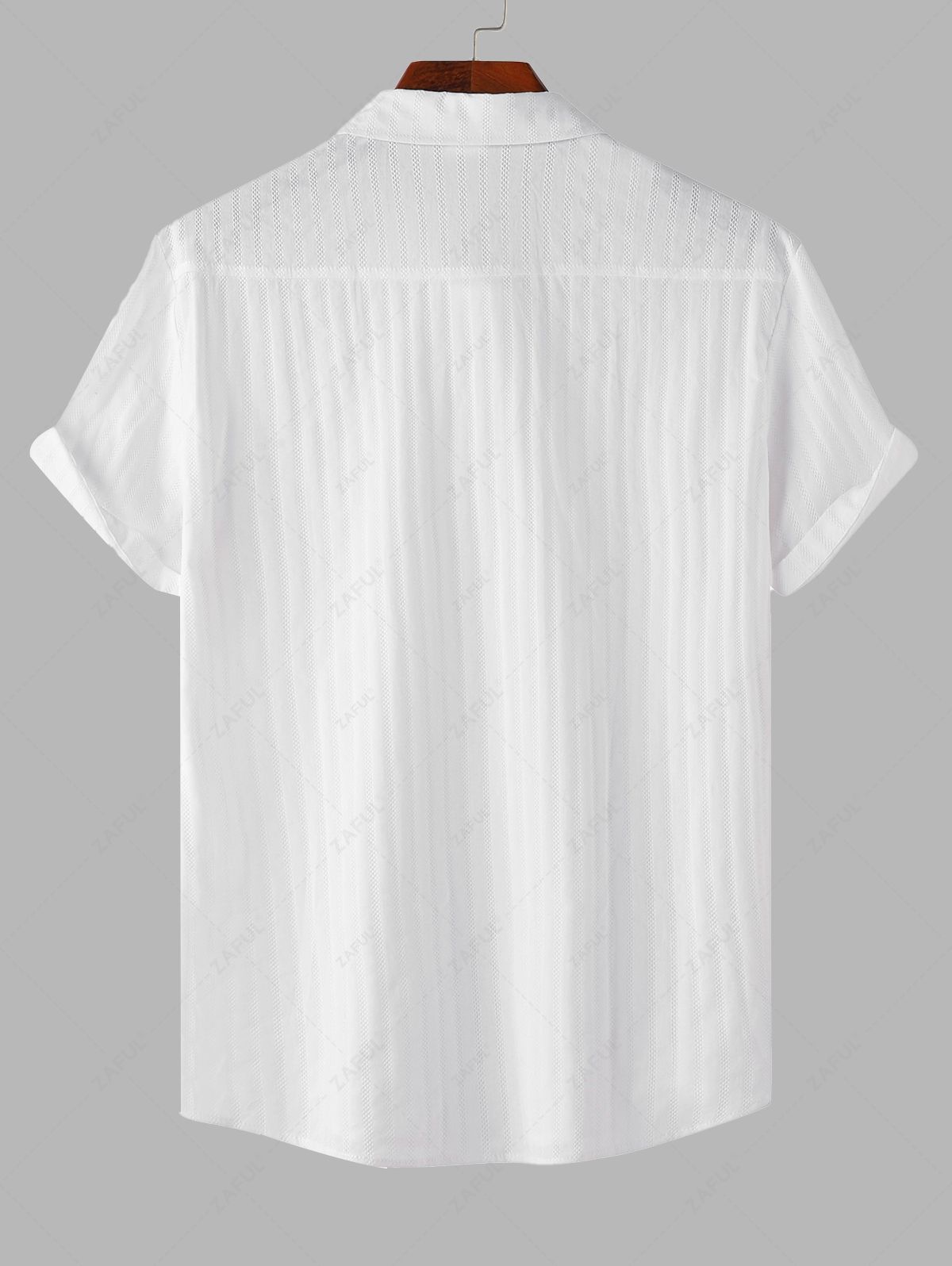 Men\'s Shadow Stripes Textured Front Pocket Design Button Up Short Sleeves Shirt WHITE - PURECLO