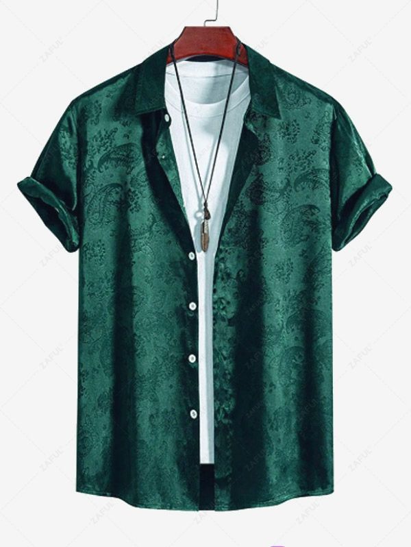ZAFUL Men\'s Button Up Short Sleeves Paisley Jacquard Silky Satin Shirt DEEP GREEN BLACK - PURECLO