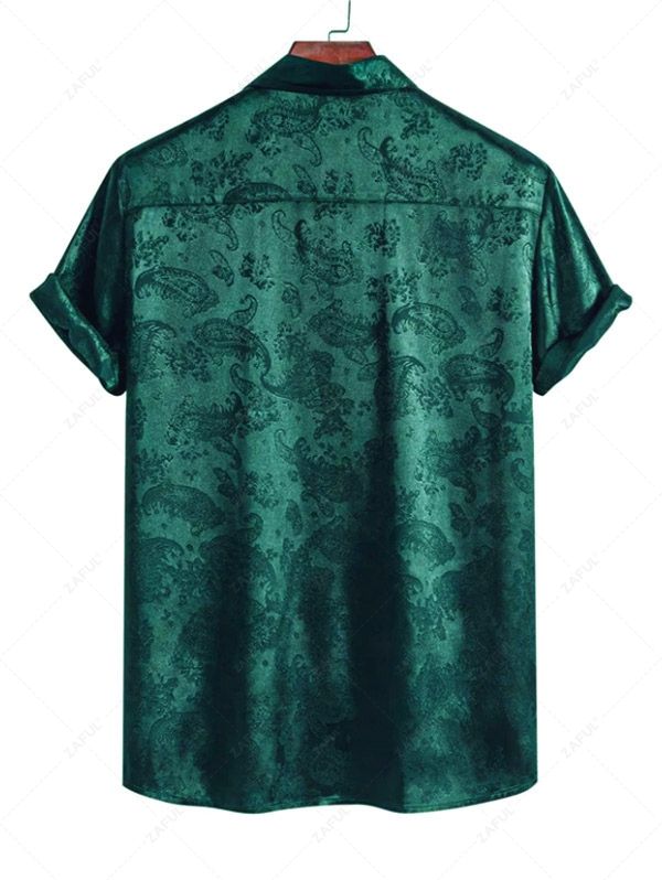 ZAFUL Men\'s Button Up Short Sleeves Paisley Jacquard Silky Satin Shirt DEEP GREEN BLACK - PURECLO