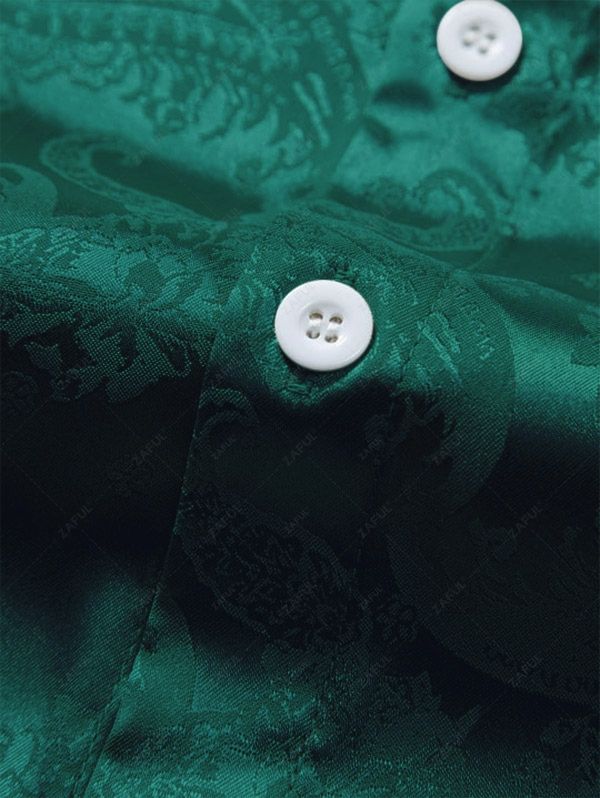 ZAFUL Men\'s Button Up Short Sleeves Paisley Jacquard Silky Satin Shirt DEEP GREEN BLACK - PURECLO