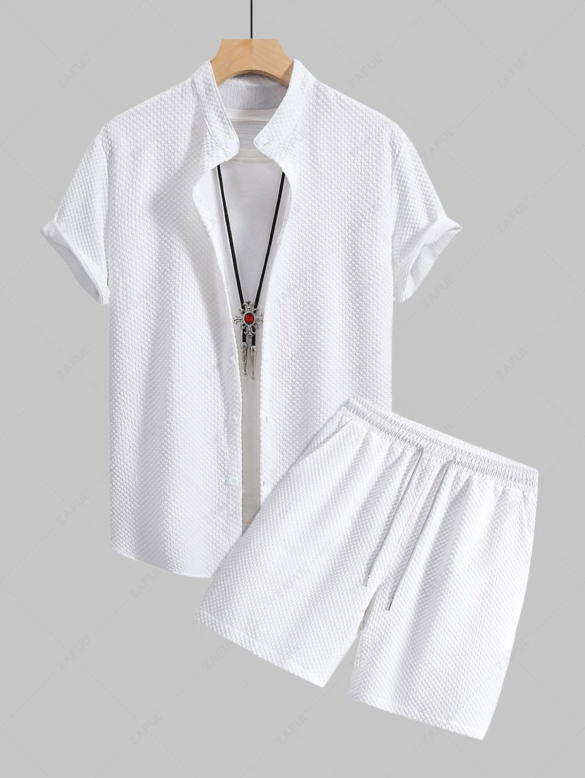 Men\'s Matching Two Piece Co Ord Solid Color Textured Button Up Short Sleeves Shirt and Drawstring Casual Shorts Set LIGHT BLUE WHITE - PURECLO