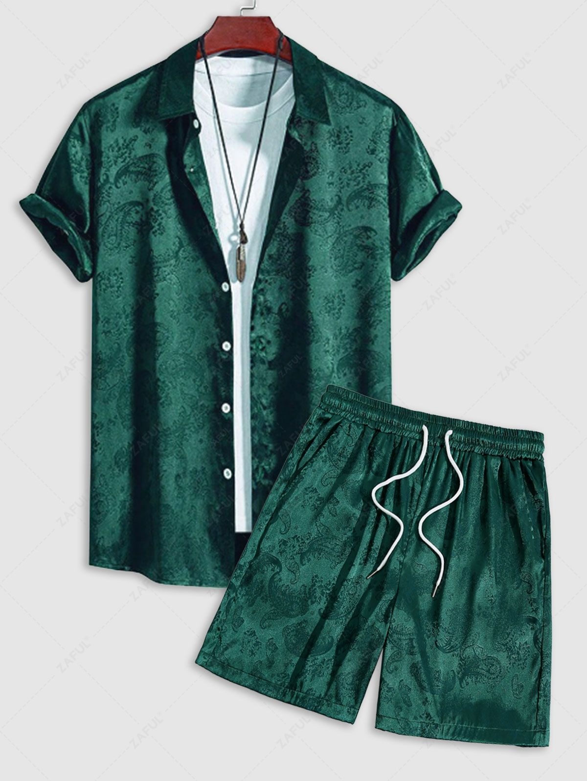 Men\'s Button Up Short Sleeves Paisley Jacquard Silky Satin Shirt and Drawstring Pockets Casual Shorts Set DEEP GREEN BLACK - PURECLO