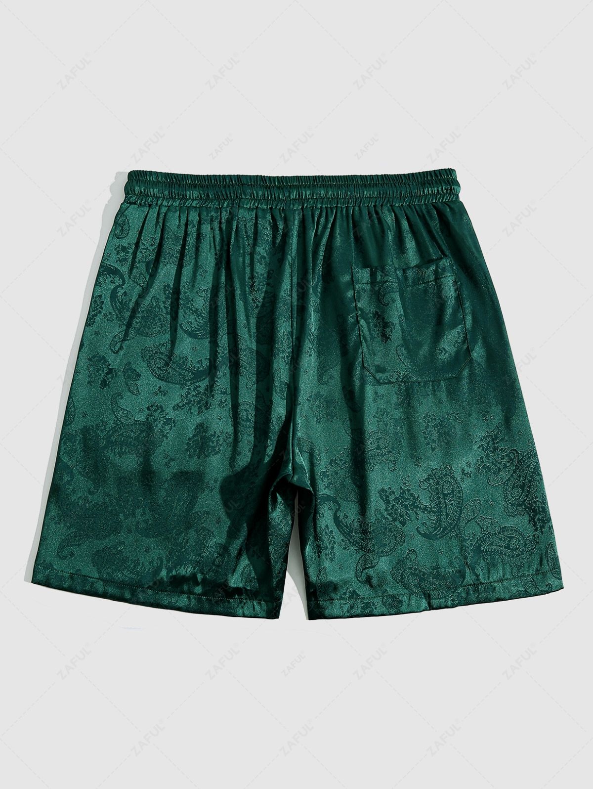 Men\'s Button Up Short Sleeves Paisley Jacquard Silky Satin Shirt and Drawstring Pockets Casual Shorts Set DEEP GREEN BLACK - PURECLO