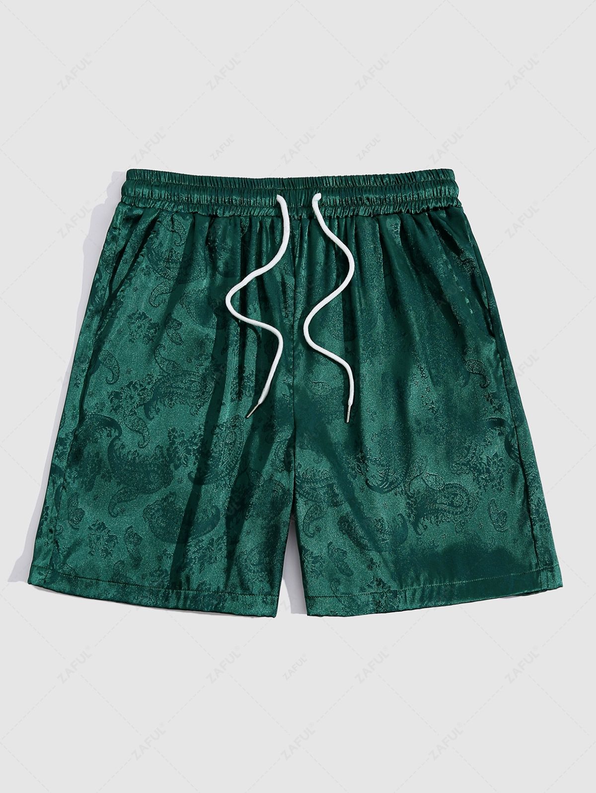 Men\'s Button Up Short Sleeves Paisley Jacquard Silky Satin Shirt and Drawstring Pockets Casual Shorts Set DEEP GREEN BLACK - PURECLO