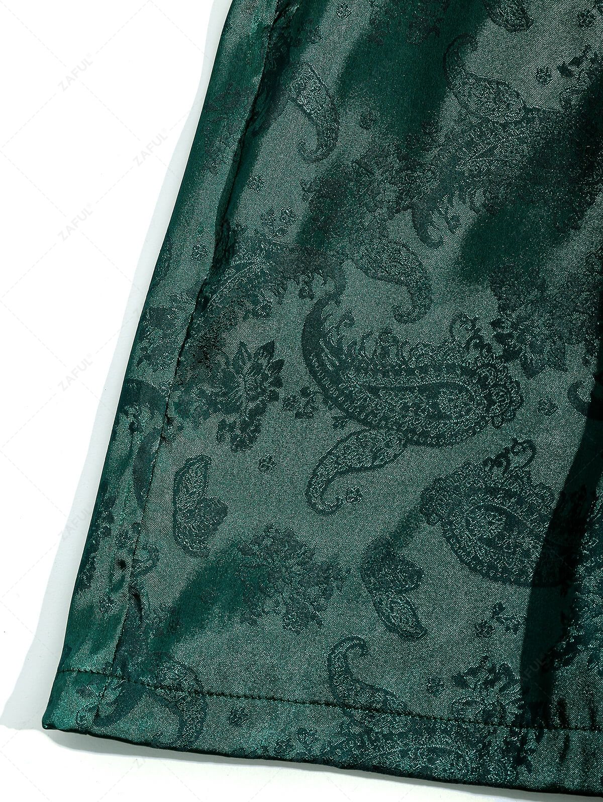 Men\'s Button Up Short Sleeves Paisley Jacquard Silky Satin Shirt and Drawstring Pockets Casual Shorts Set DEEP GREEN BLACK - PURECLO