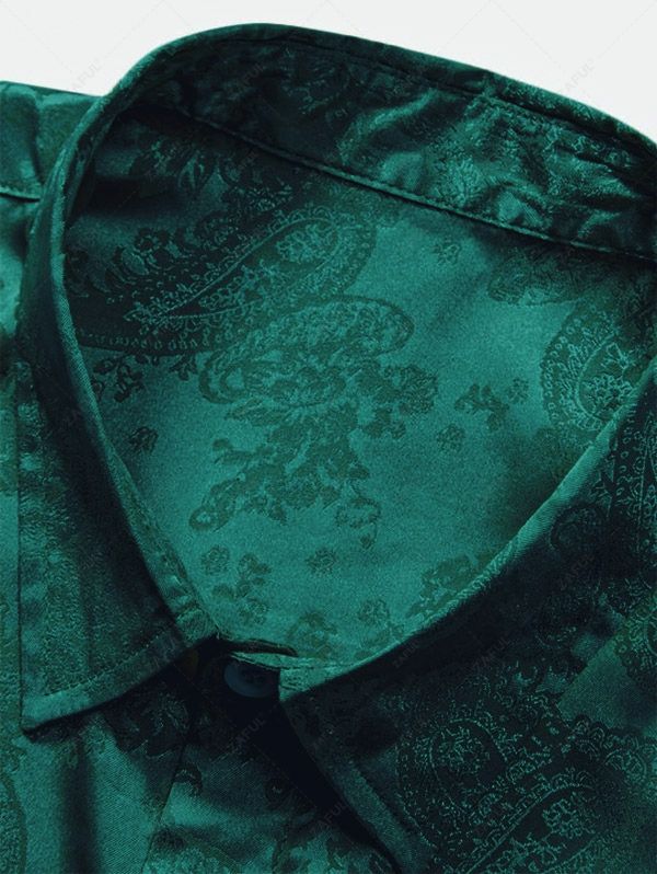 Men\'s Button Up Short Sleeves Paisley Jacquard Silky Satin Shirt and Drawstring Pockets Casual Shorts Set DEEP GREEN BLACK - PURECLO