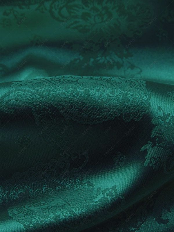 Men\'s Button Up Short Sleeves Paisley Jacquard Silky Satin Shirt and Drawstring Pockets Casual Shorts Set DEEP GREEN BLACK - PURECLO