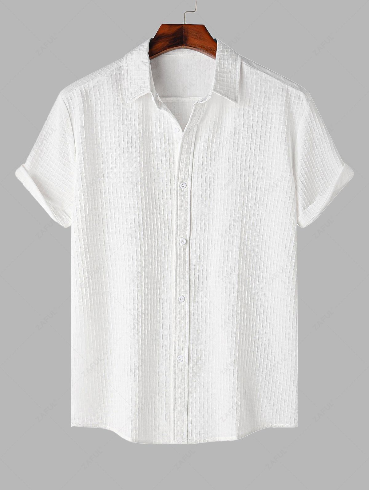 Men\'s Cross Jacquard Textured Button Up Short Sleeves Shirt WHITE BLACK - PURECLO