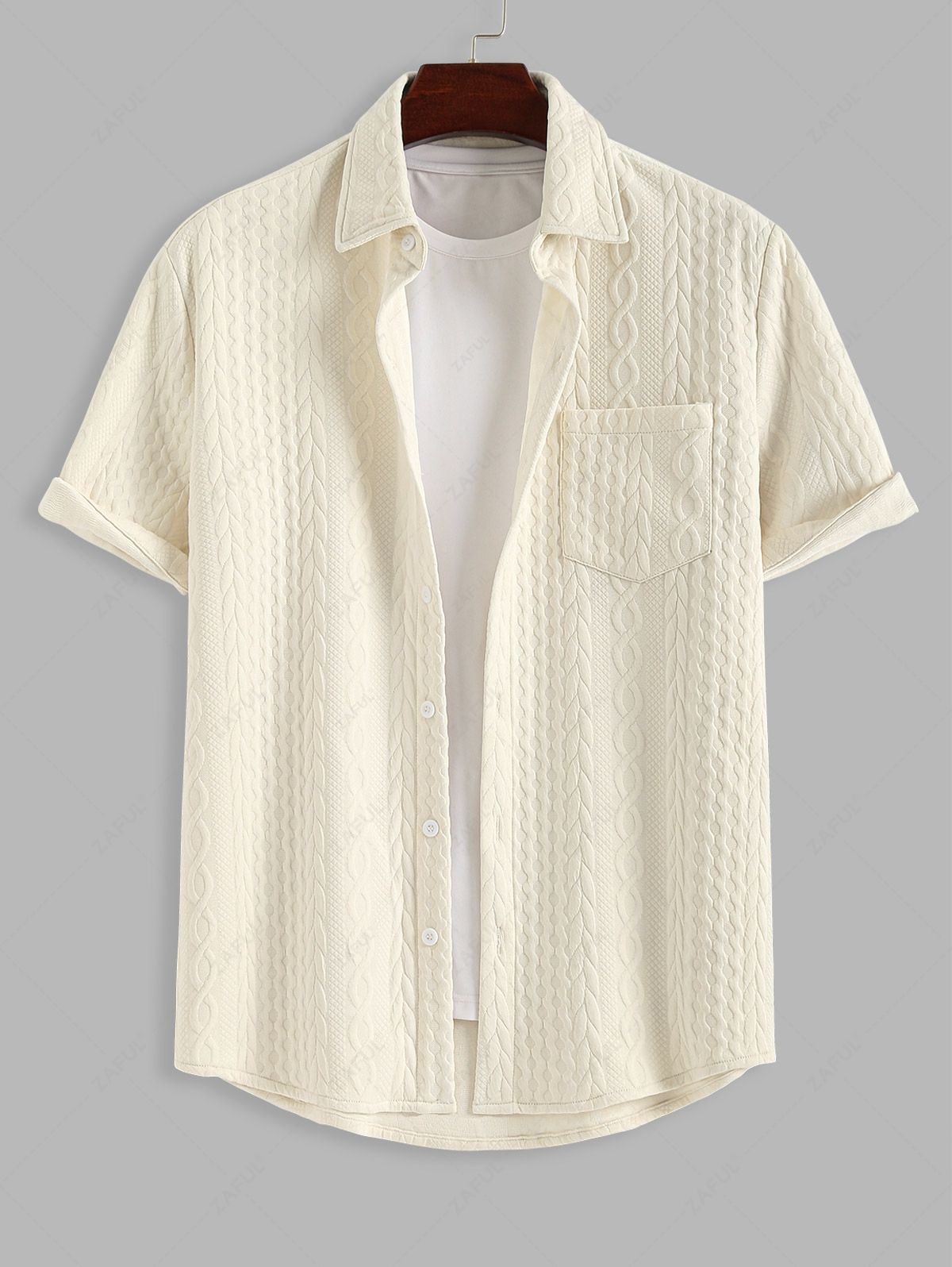 Men\'s Solid Color Button Up Front Pocket Cable Jacquard Textured Short Sleeves Shirt and Slant Pockets Drawstring Casual Shorts Set LIGHT COFFEE LIGHT BLUE - PURECLO