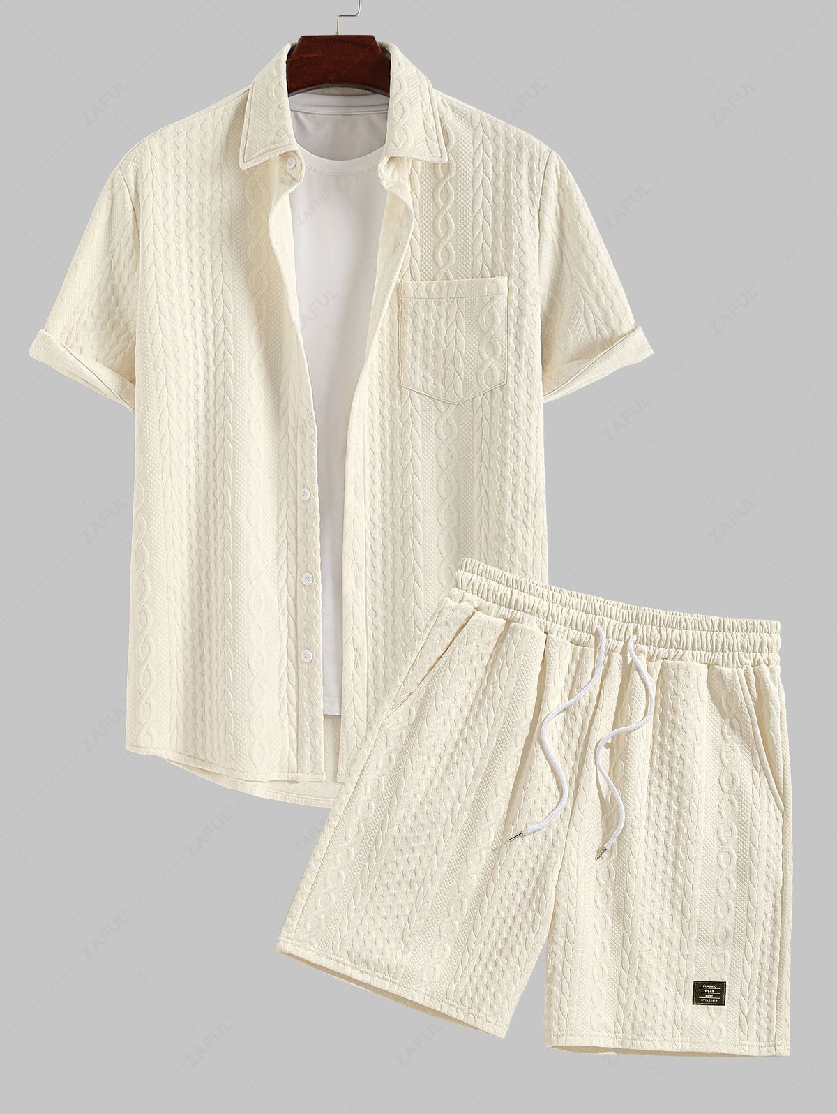 Men\'s Solid Color Button Up Front Pocket Cable Jacquard Textured Short Sleeves Shirt and Slant Pockets Drawstring Casual Shorts Set LIGHT COFFEE LIGHT BLUE - PURECLO