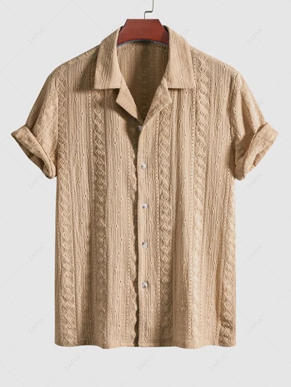 ZAFUL Men\'s Button Up Geometric Lace Openwork Camp Collar Short Sleeves Shirt LIGHT COFFEE LIGHT BLUE - PURECLO