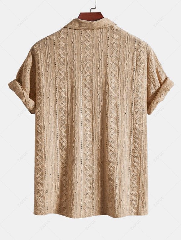 ZAFUL Men\'s Button Up Geometric Lace Openwork Camp Collar Short Sleeves Shirt LIGHT COFFEE LIGHT BLUE - PURECLO
