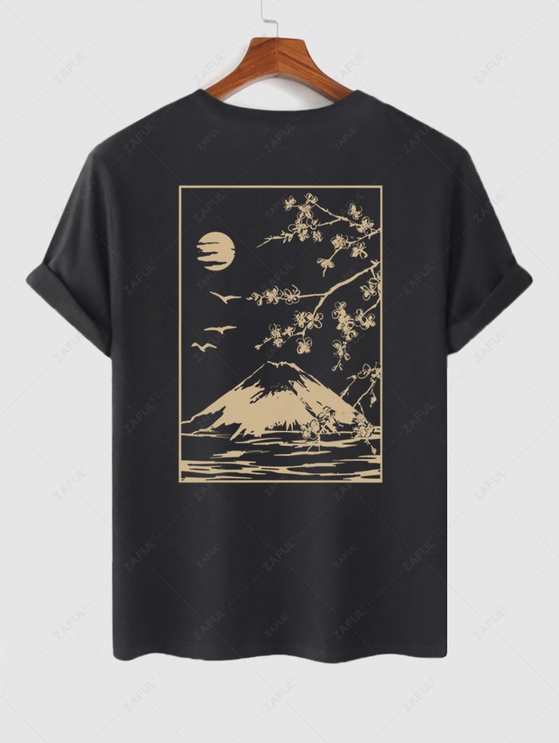 Men\'s Floral Cherry Blossom Mountain Birds Graphic Printed Short Sleeves T-shirt LIGHT COFFEE WHITE BLACK LIGHT BLUE - PURECLO