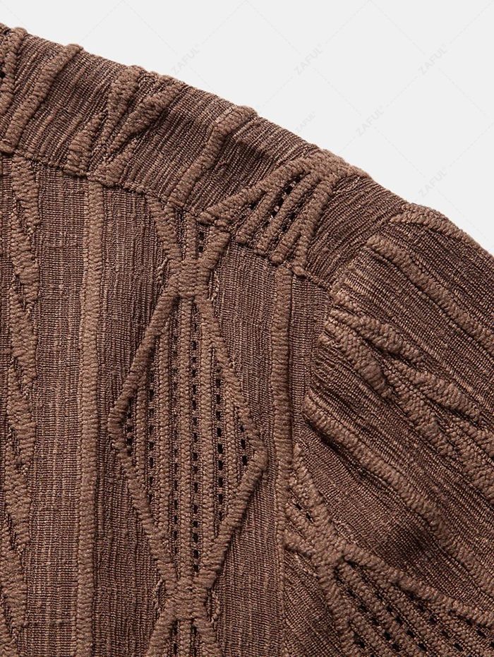 ZAFUL Men\'s Camp Collar Button Up Geometric Jacquard Openwork Short Sleeves Shirt DEEP COFFEE BLACK WHITE - PURECLO